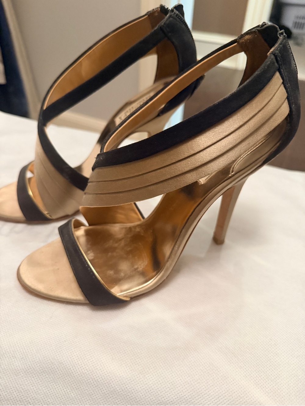 Badgley Mischka Metallic Gold and Black Satin Crisscross High Heels - Picture 4 of 5